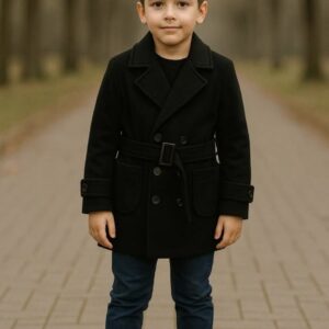 Czarny płaszcz chłopięcy z paskiem