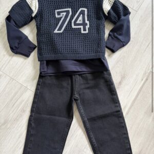 3-częściowy komplet chłopięcy granatowy – bluza, sweterek i jeansy