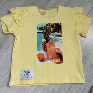 Żółta bawełniana koszulka z falbanką na rękawie