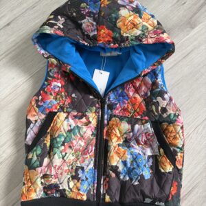 Niebieska kamizelka dziewczęca w kwiaty – ciepły polar z kapturem