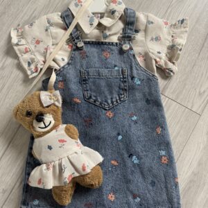 Jeansowa sukienka dziewczęca w kwiaty + bluzka i torebka miś (zestaw 3w1)